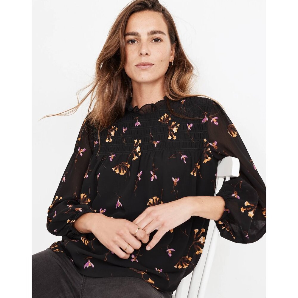 Madewell Georgette Ruffle-Collar Smocked Top
